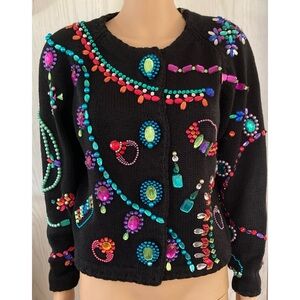 VTG MICHAEL SIMON NEW YORK Bejeweled Beaded Fashion Knit Cardigan Boho One Size